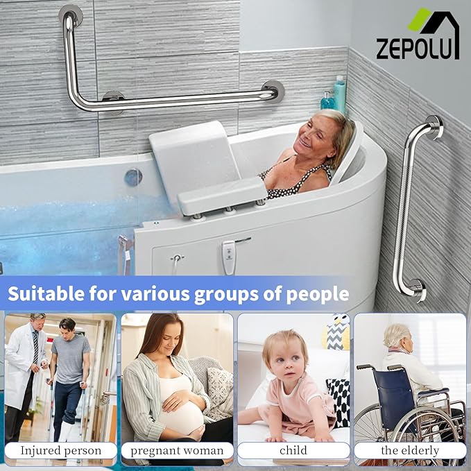 Polished Chrome L-Shaped Grab Bar 12x24 Inch + Knurled Shower Grab Rail 20 Inch, Zepolu Stainless Steel Toilet Safety Bar 90 Degree, Angled Balance Support Assist Bar, Bathroom Mobility Aid Handrail