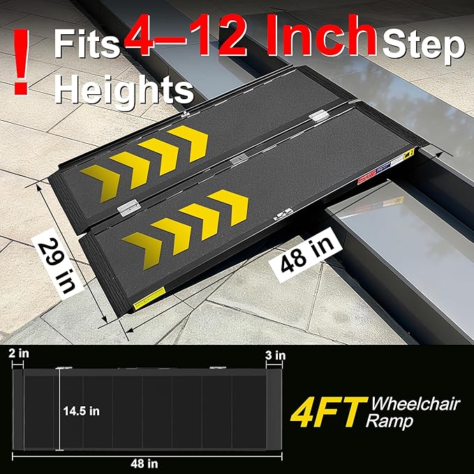 4FT Portable Wheelchair Ramp with Quick-Lock, Black Seamless Non-Slip Aluminum Folding Handicap Ramp,Threshold Ramp for Doorways, Wheel Chair Ramp for Home Steps, Loading Dock Plates