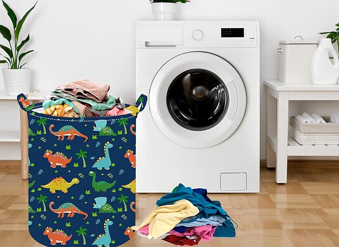19.7 Inch Round Dinosaur Laundry Clothes Hamper Laundry Basket with Handles,Storage Organizer Bins Laundry Gift Basket for Room, Bedroom Decor