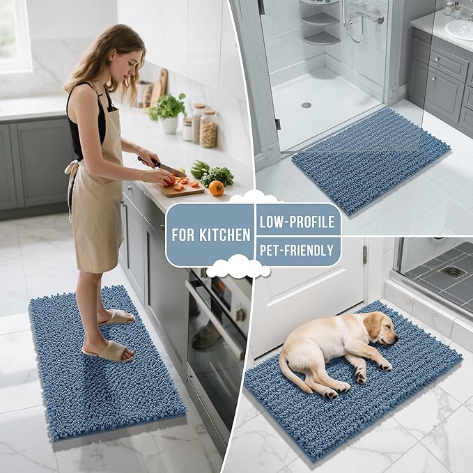 Yimobra Bathroom Runner Rug 55x24 Inch - Extra Long Non Slip Chenille Bath Mat, Soft & Absorbent, Machine Washable Shaggy Hallway Carpet for Vanity Tub Shower, Denim Blue Home Decor Accessories