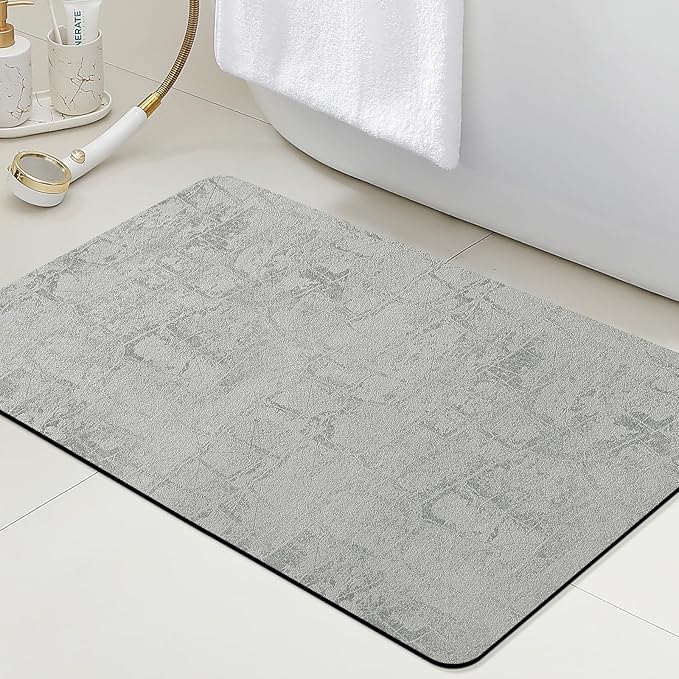 Ultra Thin Bath Mat, Upgrade Backing Non Slip Thin Bath Mats Fit Under Door, Quick Dry Ultra Absorbent Bathroom Rugs, Machine Washable Bath Rugs for Bathroom, Bathtub, Light Gray/Checkered/24"x17"
