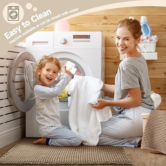 Waffle Bath Mat, Boho Bathroom Rugs Non Slip Washable Super Absorbent Quick Dry Bath Mat Farmhouse Bathroom Decor, 24"x16" Beige