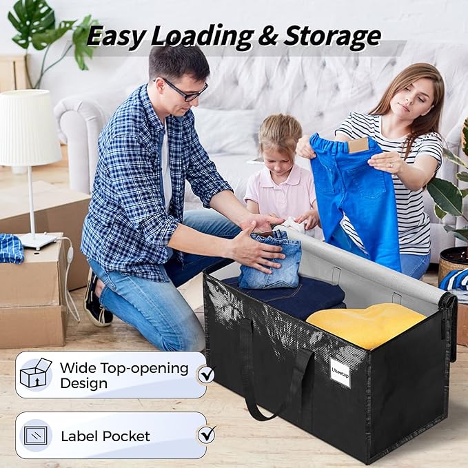 16 Pack Extra Large Heavy Duty Moving Bags, Black Storage Bins with Lids, Reinforced Handles & Heavy-Duty Zippers Moving Boxes Storage Bags Totes for Clothes Packing, Dorms, College Supplies, Black