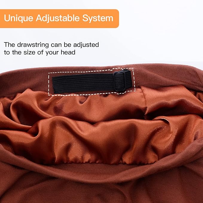 Silk Satin Lined Bonnet Sleep Cap - Adjustable Stay on All Night Hair Wrap Cover Slouchy Beanie for Curly Hair Protection for Women and Men - Solid Caramel
