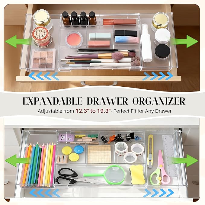 2Pack Shallow Expandable Drawer Organizer, Adjustable 12.5”–20” Clear Plastic Drawer Organizer Tray for Vanity Bathroom Desk Kitchen Drawers, Multi Compartment Storage