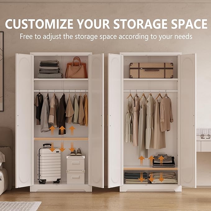 Metal Armoire Wardrobe Closet for Hanging Clothes, 71" Tall Wardrobe Cabinet with Hanging Rod, Large Freestanding Wardrobes Closet with Doors and Shelves for Bedroom, Office, Gym, School, White