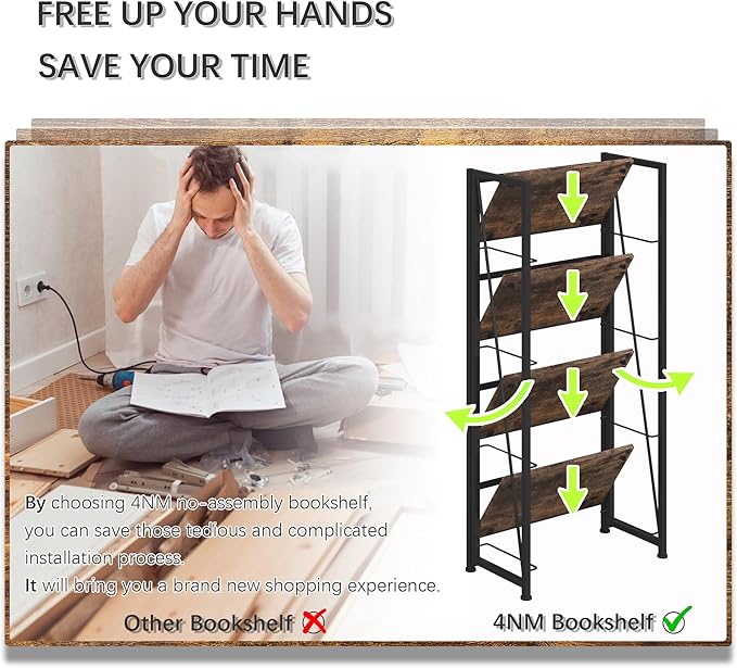 4NM No Assembly Folding Bookshelf Storage Shelves 4 Tiers Vintage Bookcase Standing Racks Study Organizer Home Office (Rustic Brown Black)