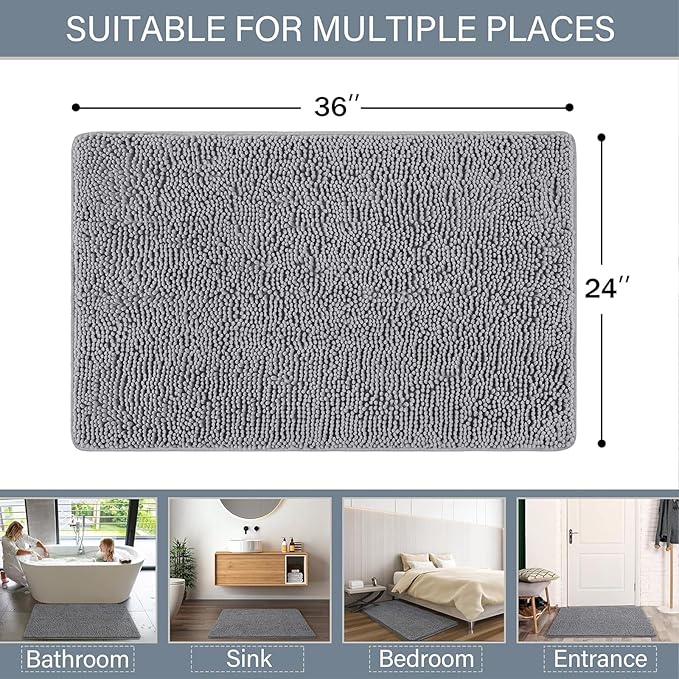 LOCHAS Luxury Bathroom Rug Shaggy Bath Mat 24 x 36 Inch, Washable Non Slip Bath Rugs for Bathroom Shower, Soft Plush Chenille Absorbent Carpets Mats, Gray