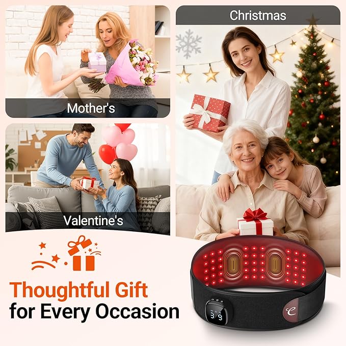 Comfytemp Red Light Therapy Massage Belt with Vibration Cordless, FSA Eligible HSA Near Infrared Lower Back Massager for Waist Belly, Gifts for Women Men Mom Dad Chritmas Birthday, 660nm & 850nm