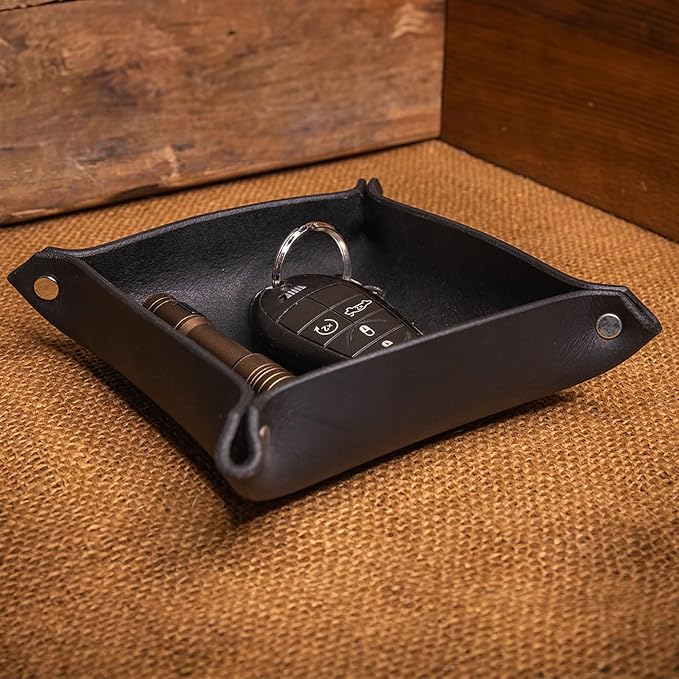 Valet Tray – Full-Grain Leather Catchall Organizer for Keys, Phone & Wallet – Rustic Nightstand & Desk Tray with Raised Sides – Handmade in USA (Black, Small Square)