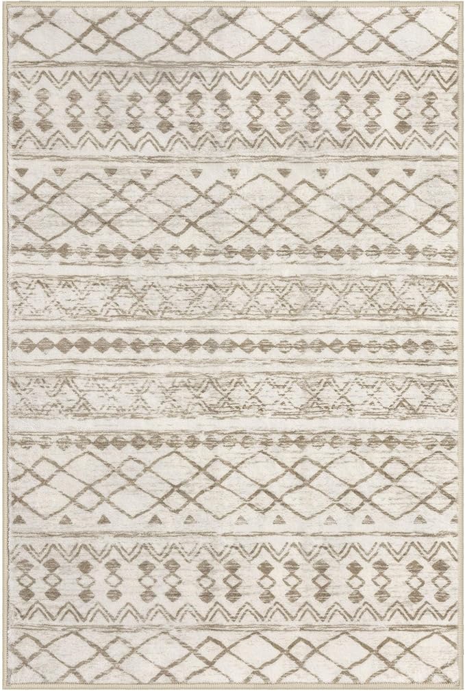 KUTA Area Rug 4x6 Boho, Moroccan Washable Rugs for Living Room Non Slip, Beige Ultra Soft Print Distressed Geometric Low-Pile Throw Carpet for Bedroom Nursery Dorm Decor