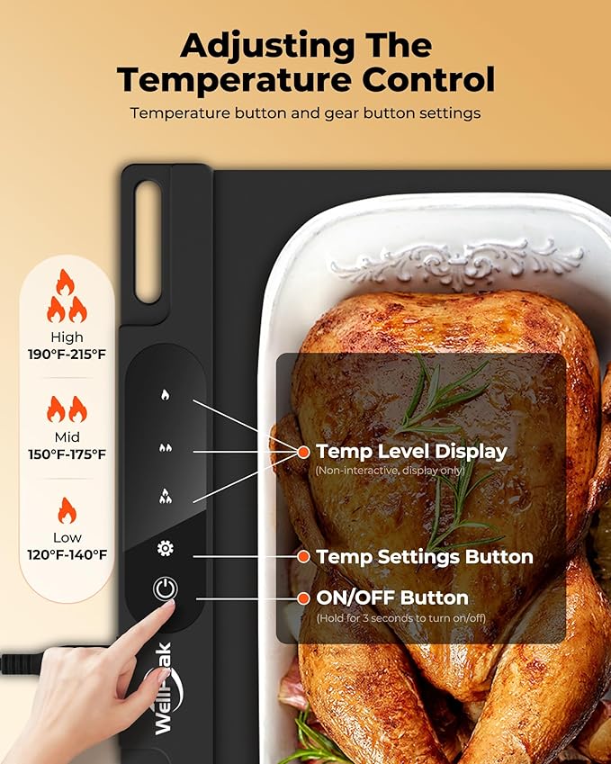 Electric Warming Mat for Food (2-Pack)-Full Surface Fast Heating Silicone Warmer Tray with 3-Level Temperature, Auto-Off, Raised Feet for Table Protection, for Gatherings,Parties,Home Buffet