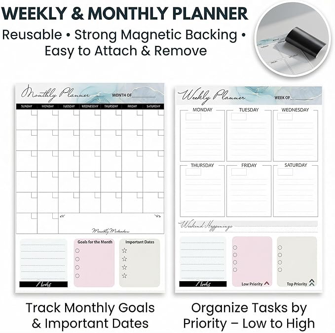 Small Whiteboard 12 x 16 Inch Magnetic Dry Erase Board with Handle | Black Aluminum Frame | Double-Sided Planner Board with Weekly & Monthly Sheets | 3 Markers, Eraser & 2 Magnets