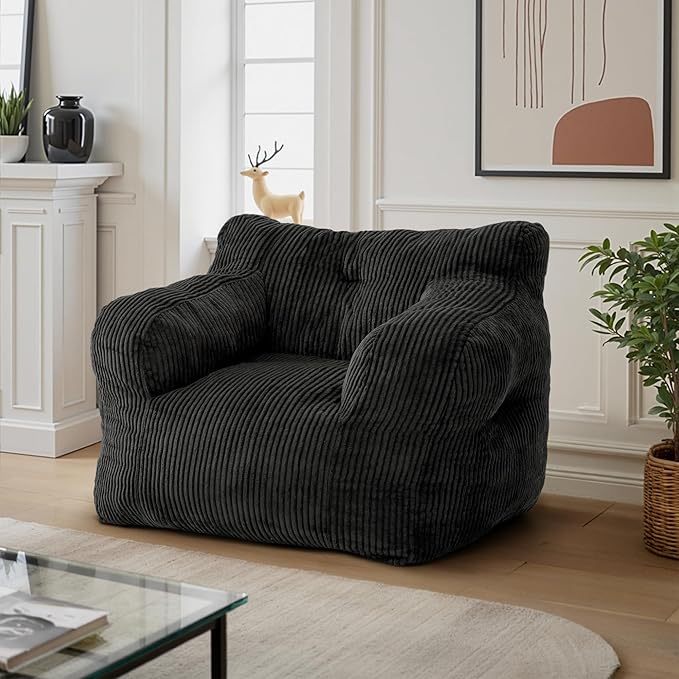 32" Bean Bag Chair,Loveseat Sofa,Corduroy Lazy Sofa Bed for Adults,Fit Living Room, Bedroom,Outdoor Spaces,Ultra Soft Dutch Velvet,Fluffy Comfort Washable Cover,72h Rebound,Black