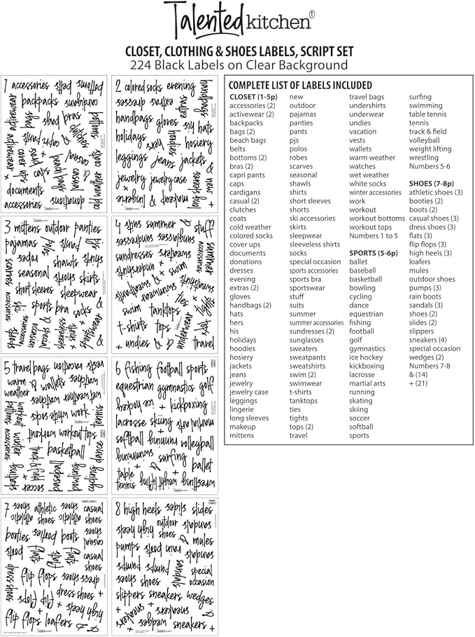 Talented Kitchen Closet Labels for Organizing Bins & Baskets - 224 Clear Vinyl Preprinted Script Labels (1"-1.5" Tall), Water Resistant - Drawer Tags for Storage, Wardrobes & Baskets