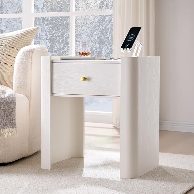 23.6" Tall Modern Nightstand Set of 2, 22" Wide Curved Bedside Table with Charging Station, Wooden Night Stand with 1 Storage Drawer, Large End Table for Bedroom, Living Room, White