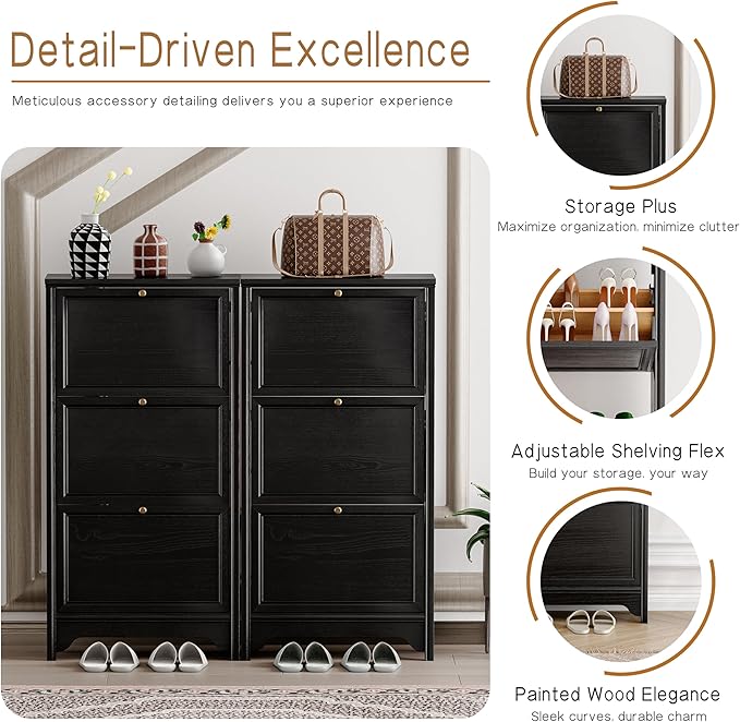 Chogori 3-Tier Shoe Cabinet – Solid Wood Entryway Shoe Storage Organizer with Flip-Up Doors, Adjustable Shelves – Narrow Freestanding Shoe Cabinets for Hallway – Space-Saving Design (1, Onyx Black)