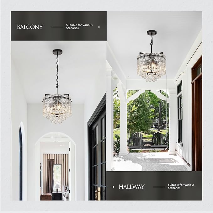13.4" Small 4-Light Modern Glass Chandelier Light Fixtures Mini Black 2-Tier Crystal Chandeliers for Dining Room Round Hanging Ceiling Pendant Lighting for Kitchen Island Entryway Hallway