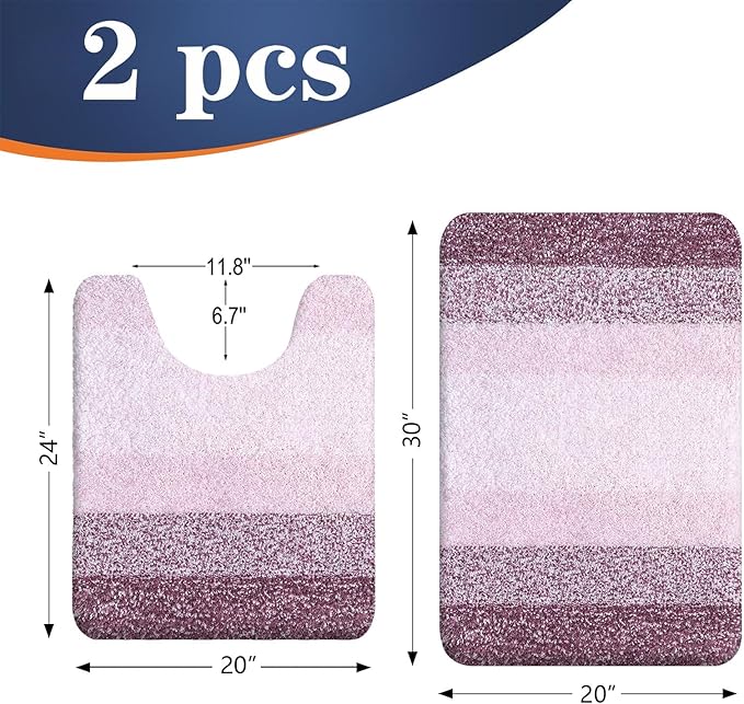 OLANLY Bathroom Rug Set 2 Piece, Soft Absorbent Microfiber Bath Mats and U-Shaped Contour Toilet Rug, Non-Slip, Machine Wash Dry, Plush Shaggy Bath Mats for Bathroom (30"x20"+24"x20", Mauve)