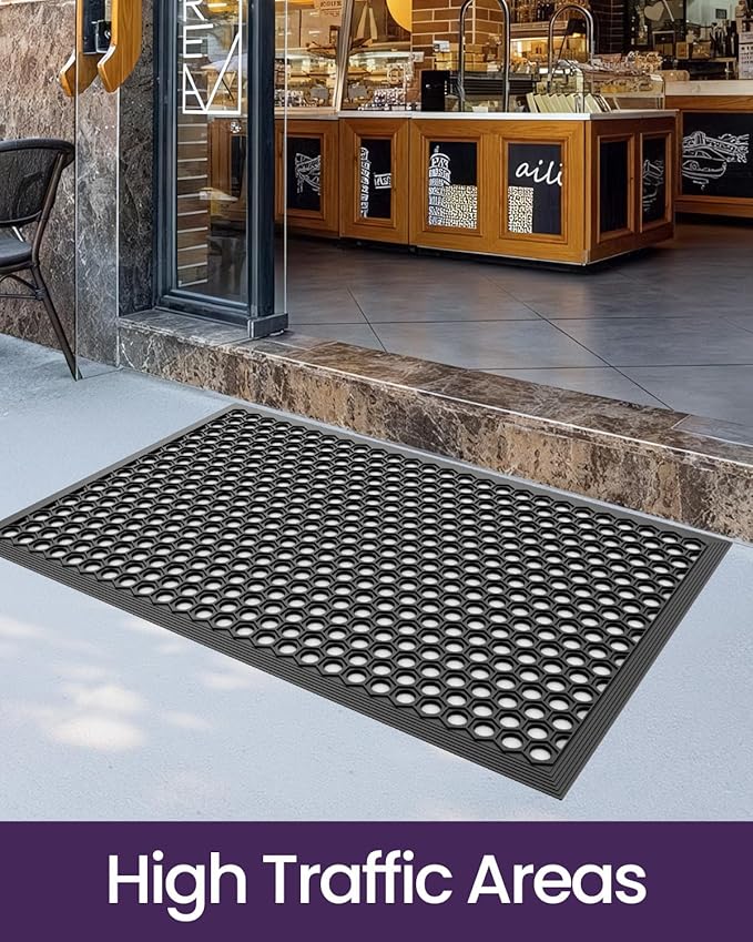 DEXI Front Door Mat 32x48, Non Slip Rubber Doormat Outside Entrance, Heavy Duty Waterproof Drainage Entry Mats, Low Profile Dirt Trapper for Patio Entryway, Black