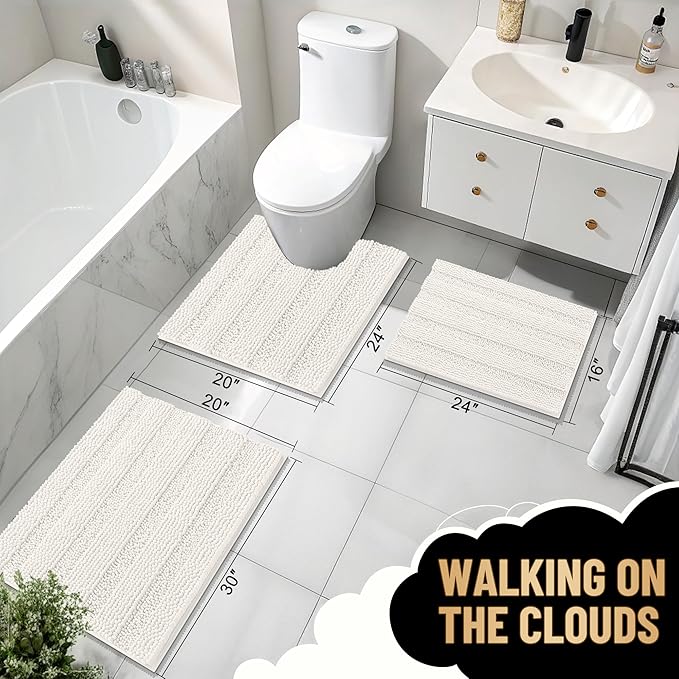 OLANLY Thick Bathroom Rugs 47x20, Extra Soft Absorbent Chenille Striped Bath Rugs, Rubber Backing, Machine Wash Dry, Bath Mats for Bathroom Floor, Tub and Shower, Home Decor Accessories, Ivory