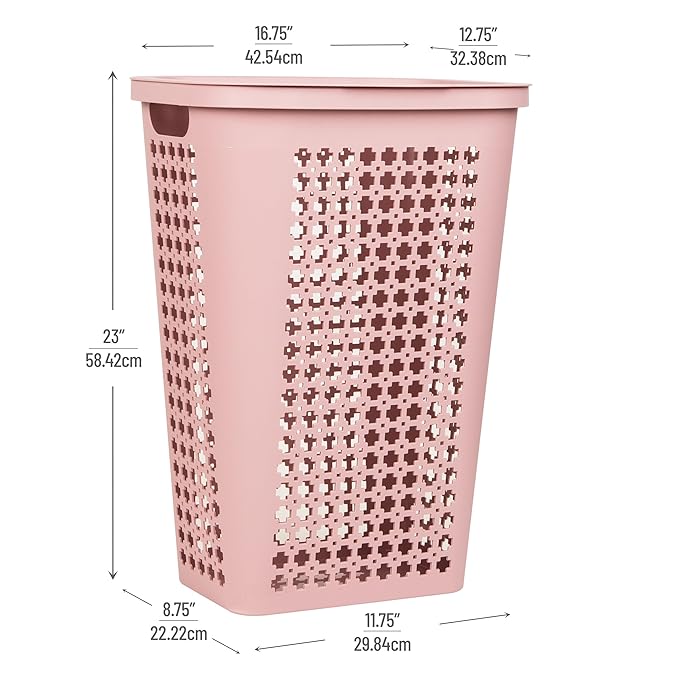 Mind Reader Slim Tapered Laundry Hamper with Lid, Clothes Basket with Swiss Cross Cut-Outs, Lightweight & Ventilated, Plastic, 16.75"L x 12.75"W x 23"H, Pink