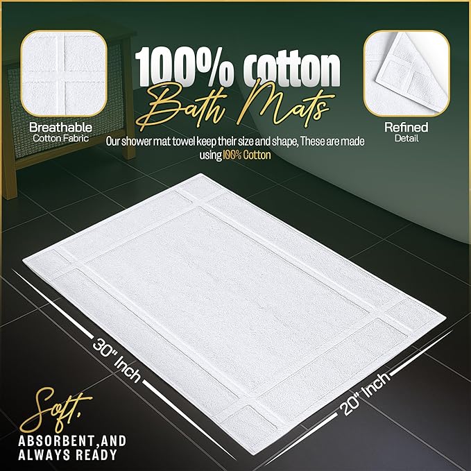 Pearl Linens Pack of 2 100% Cotton Bath Mat 20x30 inches, Soft & Absorbent Quick Dry Bathroom Mat Set, Not Bathroom Rugs, After Shower Mat, Bath Tub Mat, 687 GSM, Machine Washable, White