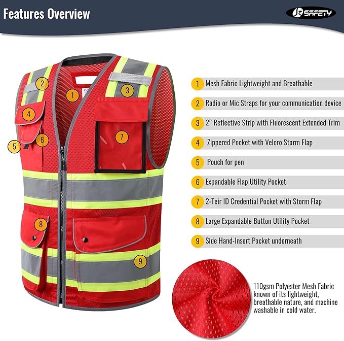 JKSafety 11 Pockets Hi-Vis Black Mesh Safety Vest for Men Women High Visibility Reflective Construction with Zipper Work Utility PPE Work Gear ANSI/ISEA compliant (102-Red XXL)