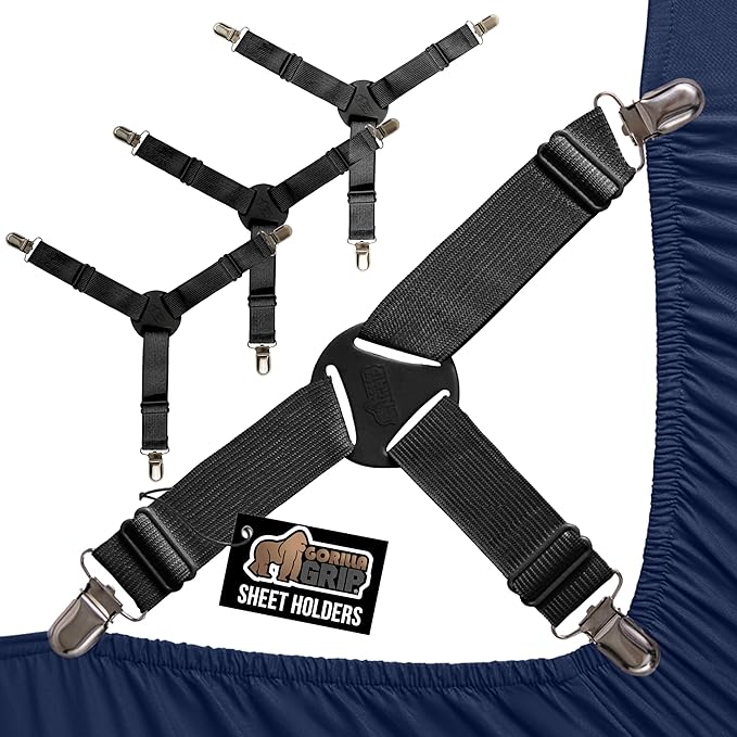 GORILLA GRIP Patent Pending Bed Sheet Holders, Adjustable Elastic Fasteners with Metal Clips, Keep in Place Fitted Bedding Straps, Firm Tight Suspenders for Mattress, US Designed, 4 Pack Black