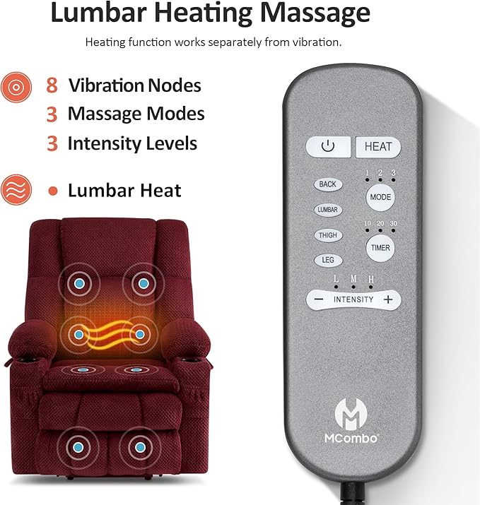 MCombo Dual Motor Large Power Lift Recliner Chair for Elderly, Lay Flat Lift Chair with Heat and Massage, Big Lift Recliner for Tall People, Cup Holders, Fabric 7896 (Large, Burgundy)