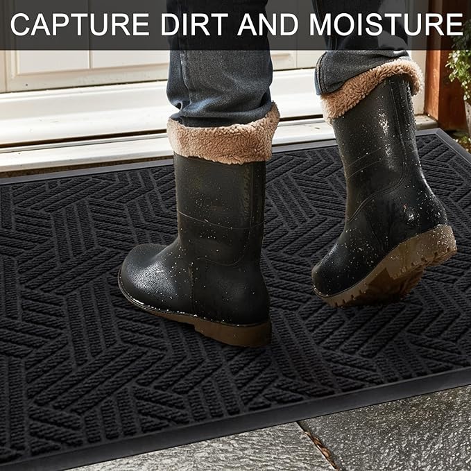 Front Door Mat 36"x24" Indoors Outdoors Welcome Mats, Waterproof Non-Slip Rubber Backing Heavy Duty Doormat Outside Entrance, Low Profile Entryway Rugs Floor Mat for Patio, Pattern B Black