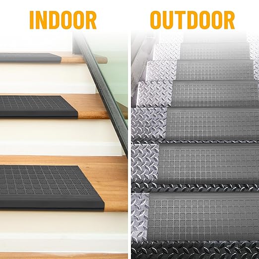 Ottomanson All-Weather Bullnose Rubber Stair Treads – Non-Slip Step Mats for Wooden, Concrete, or Outdoor Stairs, Easy Maintenance, Tool-Free Placement, Pack of 5, 10" x 25.5", Black Square Grid