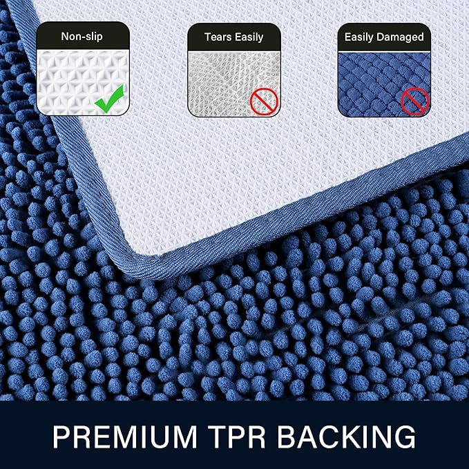 LOCHAS Luxury Bathroom Rug Shaggy Bath Mat 24 x 44 Inch, Washable Non Slip Bath Rugs for Bathroom Shower, Soft Plush Chenille Absorbent Carpets Mats, Blue