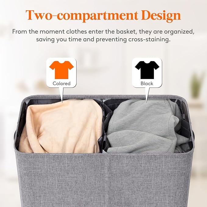 Lifewit Double Laundry Hamper with Lid and Removable Laundry Bags, Large Collapsible 2 Dividers Dirty Clothes Basket with Handles for Bedroom, Laundry Room, Closet, Bathroom, College, 145L Light Gray