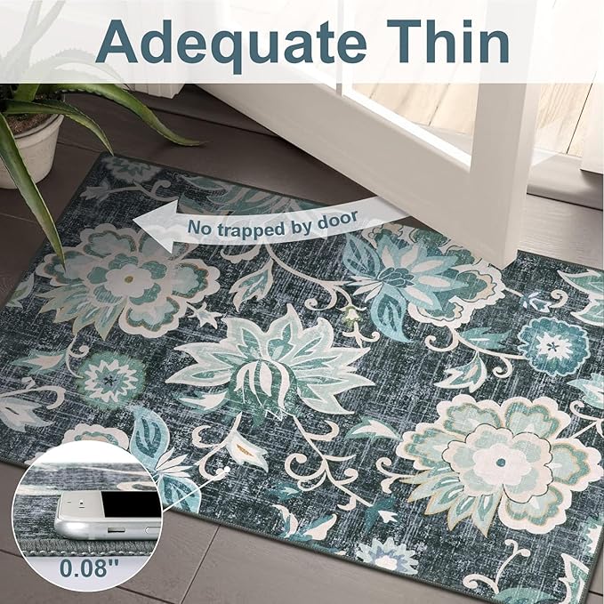 Beeiva Floral Carpet Runner Non Slip, Vintage Washable 2.5x12 Rug Runners for Hallways Non Slip, Ultra Thin Printed Distressed Blue Hallway Rug for Bedroom Bathroom Laundry