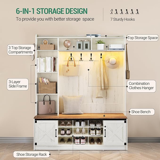 59.8" Hall Tree, LED Farmhouse Entryway Storage and Coat Rack Wood, Entryway Furniture with 7 Hooks, Hall Tree with Bench and Storage, 6 Storages Partitions Shoe Bench, Rustic White HT24814B
