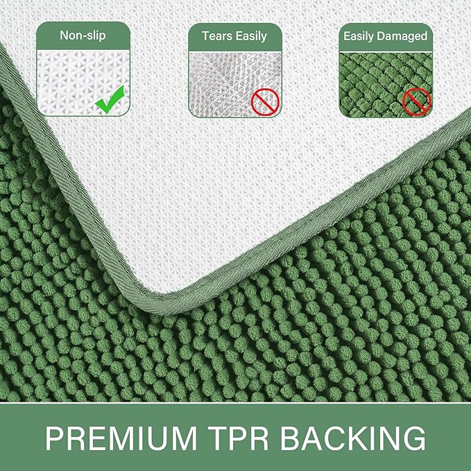 LOCHAS Luxury Bathroom Rug Shaggy Bath Mat 24 x 60 Inch, Washable Non Slip Bath Rugs for Bathroom Shower, Soft Plush Chenille Absorbent Carpets Mats, Green