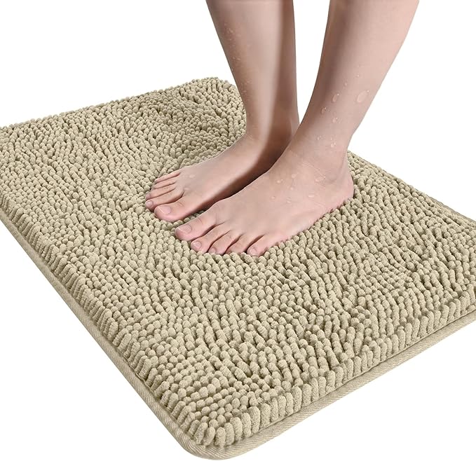LOCHAS Luxury Bathroom Rug Shaggy Bath Mat 24 x 36 Inch, Washable Non Slip Bath Rugs for Bathroom Shower, Soft Plush Chenille Absorbent Carpets Mats, Beige