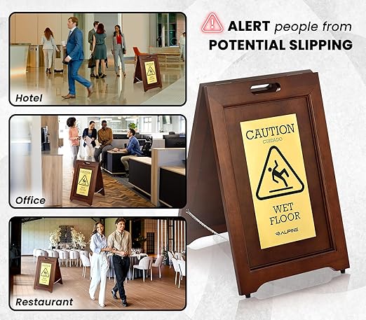 Wooden Caution Wet Floor Sign Slippery A-Frame with Bold Bilingual Safety Message, High-Grade Wood Finish, Brass-Plated for Restaurants, Offices, Hospitality & Retail Centers By Alpine Industries