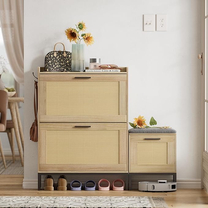 Maupvit Shoe Storage Cabinet with Bench,Rattan Entryway Shoe Storage Bench with 2 Flip Drawers and Hanging Hooks,Narrow Slim Shoe Cabinet for Entryway,Living Room,Hallway,Natural Oak