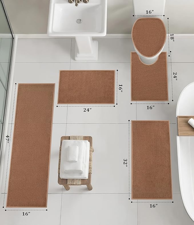 YIHOUSE Bathroom Rugs Mats Sets 5 Pieces, Ultra Thin Bath Mat Absorbent Non Slip Bath Rugs for Bathroom Washable, Shower, Sink, Laundry (Orange, 5 Pieces)