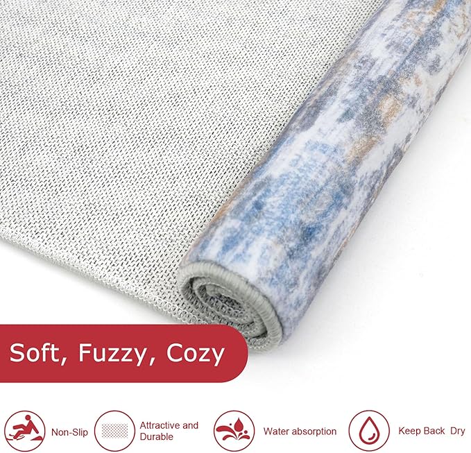 KOZYFLModern Abstract 4x6 Ft Washable Large Rugs for Entryway Non-Slip Soft Living Room Rug, Print Blue Rust Throw Rugs Indoor Mat for High-Traffic Door Entrance, Laundry, Nursery, Bedroom