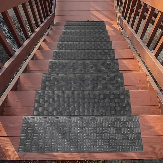 Ottomanson All-Weather Bullnose Rubber Stair Treads – Non-Slip Step Mats for Wooden, Concrete, or Outdoor Stairs, Easy Maintenance, Tool-Free Placement, Pack of 5, 10" x 30", Black Ribbed Squares
