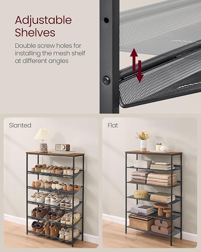 VASAGLE Shoe Rack for Entryway, 6-Tier Shoe Rack Organizer with Storage Shelves and Spacious Top, Freestanding, Adjustable, Industrial, Rustic Brown and Ink Black ULBS044KD01