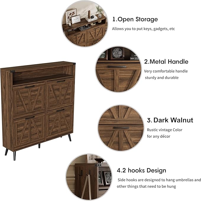 Shoe Cabinet with 4 Flip Drawers,Farmhouse Shoe Storage Cabinet for Entryway,Narrow Freestanding Organizer Rack with Open Shelves for Foyer,Hallway,Dark Walnut