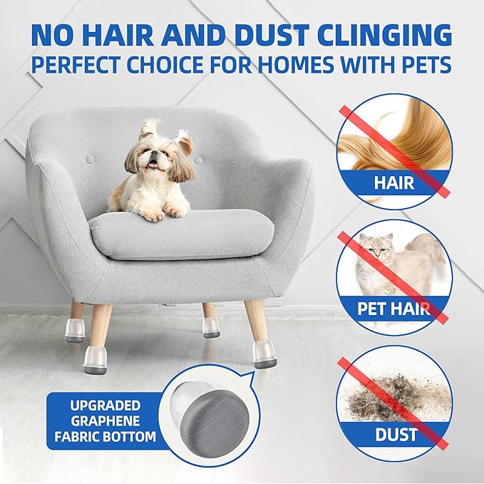 Clear Chair Leg Floor Protectors for Carpet Hardwood Floors, Upgraded Chair Leg Caps with Graphene Fabric Bottom, No Cat/Dog Hair Clinging, 16 Pcs Furniture Leg Feet Covers Reduce Noise (Fit 1"-1.2")