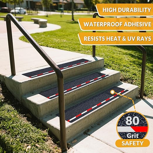 LifeGrip Anti Slip Stair Treads with Reflective Stripe (10-Pack), 8" X 32", Ourdoor Grip Tape Non Slip, Waterproof Safety Non Skid Tape, High Traction Friction Abrasive Adhesive for Step, Red/White
