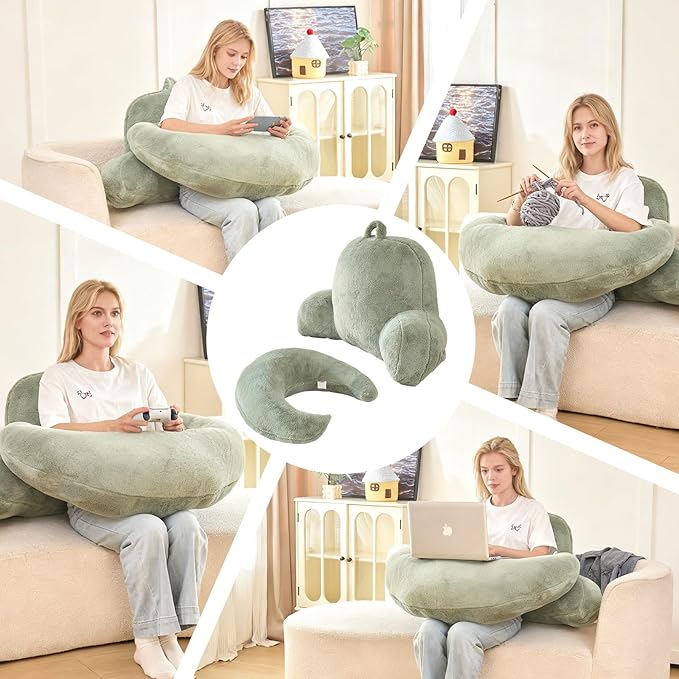 Reading Pillow for Bed,U Shaped & Back Support Pillow for Bed,17" Backrest with Lumbar & Arm Support,Luxurious Faux Rabbit Fur,Gaming PillowFor Crochet/Reading/Watching TV,Green