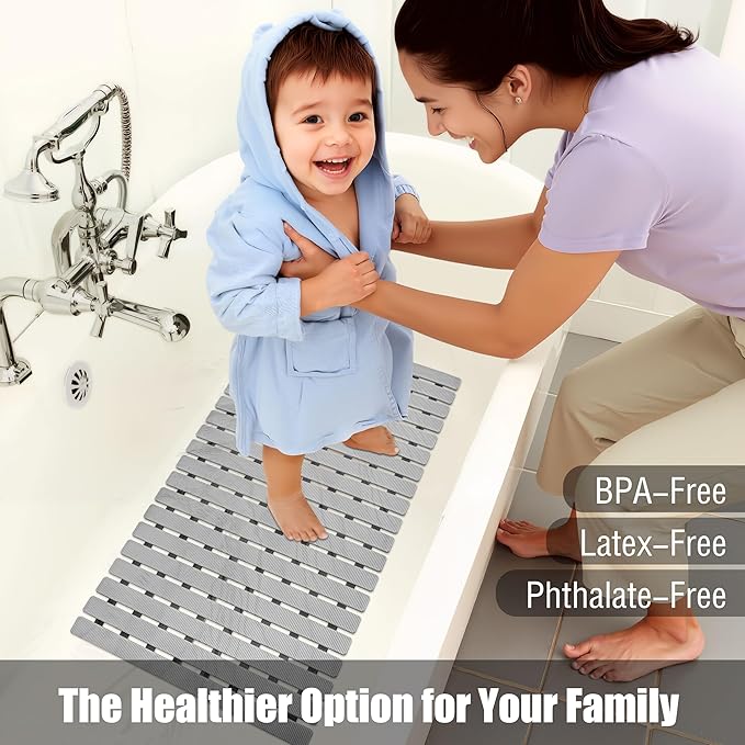 MBOSS Bathtub Mat Non Slip, Shower Mat for Inside Shower, Suction Cups Design and Drain Holes, 27.5 X 15.7 Inch, Bathroom Essentials Safe, Easy to DIY Cut, Soft and Eco-Friendly Materials