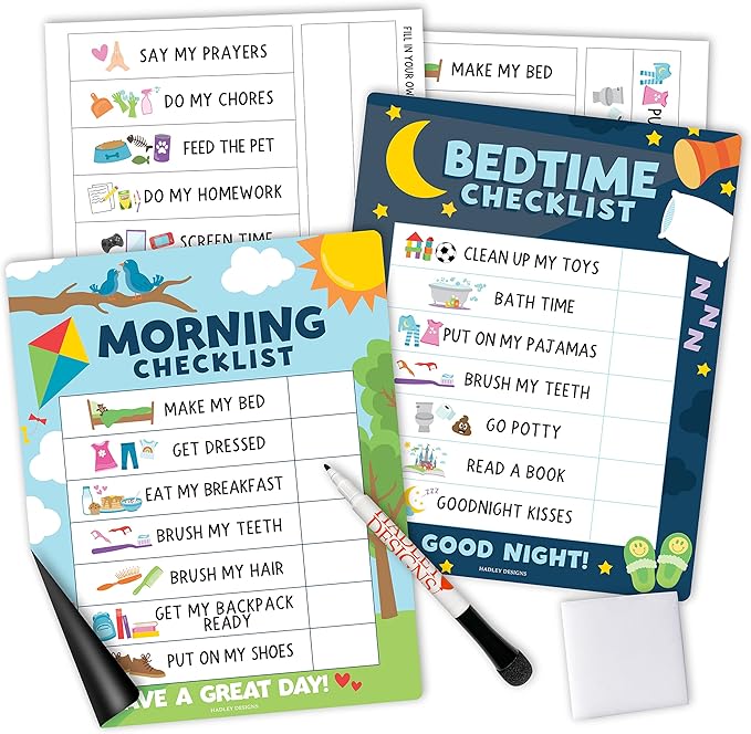 Magnetic Morning & Bedtime Routine Chart for Kids - Customizable Toddler Daily Schedule Board with Dry Erase Surface, Stickers & Marker, Build Habits with Visual Checklists, Colorful Doodle Theme